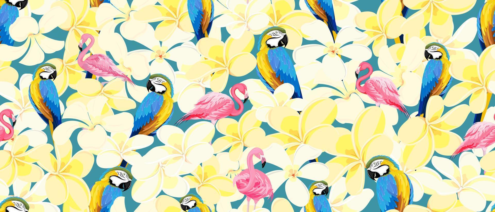 padrão brilhante, dinâmico e perfeito de pássaros tropicais, flamingos cor de rosa, araras e flores. é adequado para papel de parede, tecidos, design de arte vetor