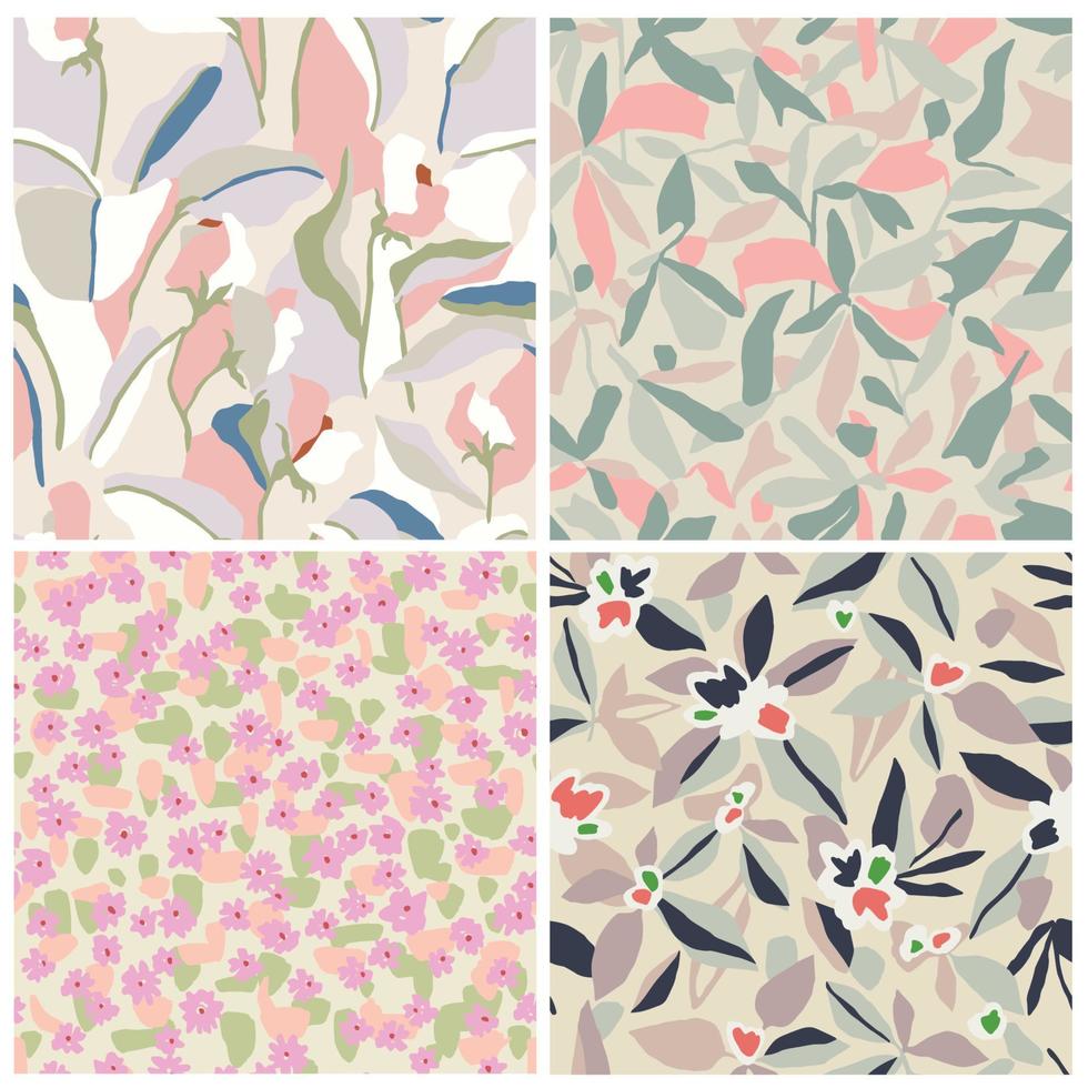 ilustração vetorial de folha e flor padrão de repetição sem costura com conjunto de 4 designs de cores pastel vetor