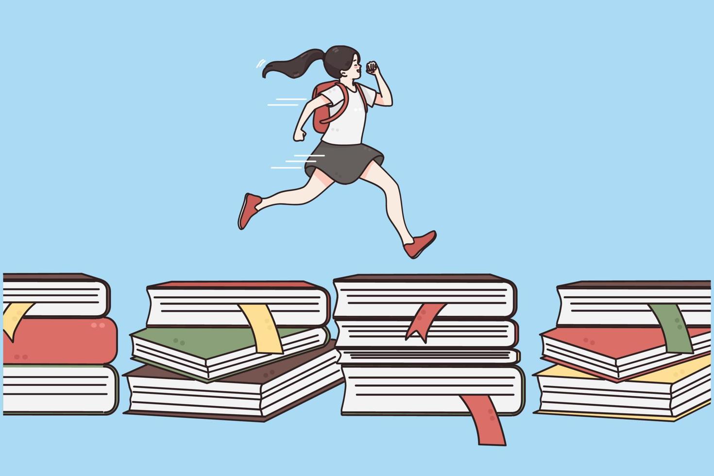 de volta à escola, educação, conceito de aprendizagem. linda garota feliz correndo em livros pressa para a escola deve ilustração vetorial de fundo azul vetor