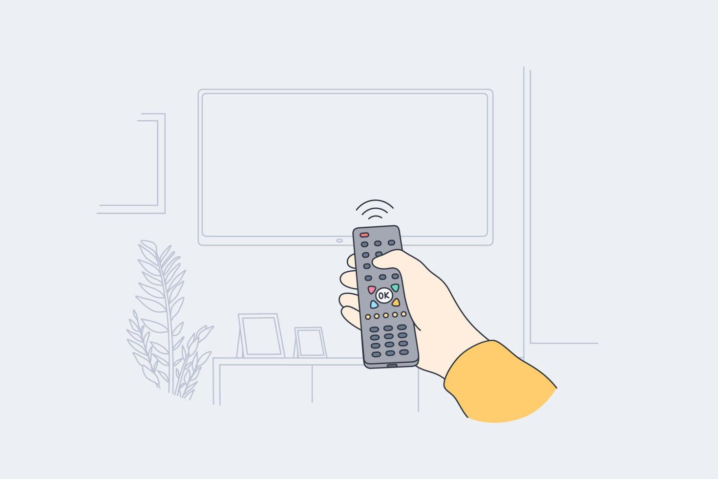 televisão, conceito de entretenimento doméstico. mão humana com controle remoto da tv ligando a televisão em casa para assistir filmes e programas ilustração vetorial vetor