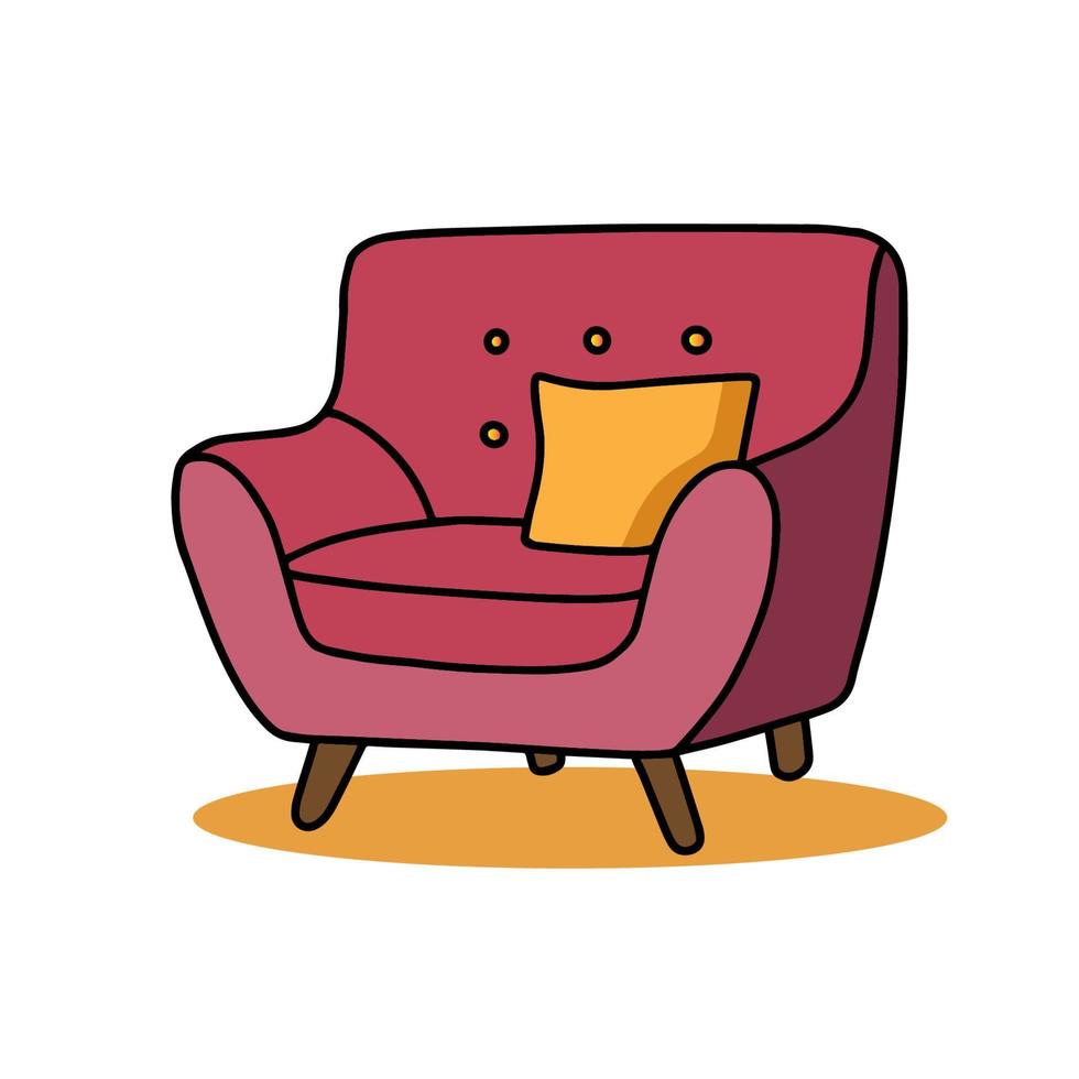 sofá, poltrona, sofá ou sofá confortável desenho colorido vermelho para design de interiores. vetor de ilustração de objeto desenhado à mão isolado no fundo branco.