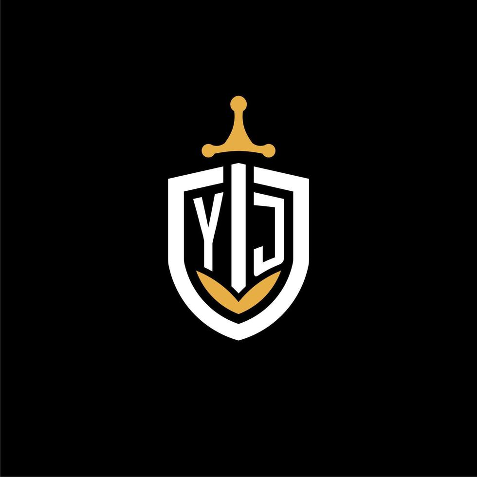 letra criativa yj logo gaming esport com ideias de design de escudo e espada vetor