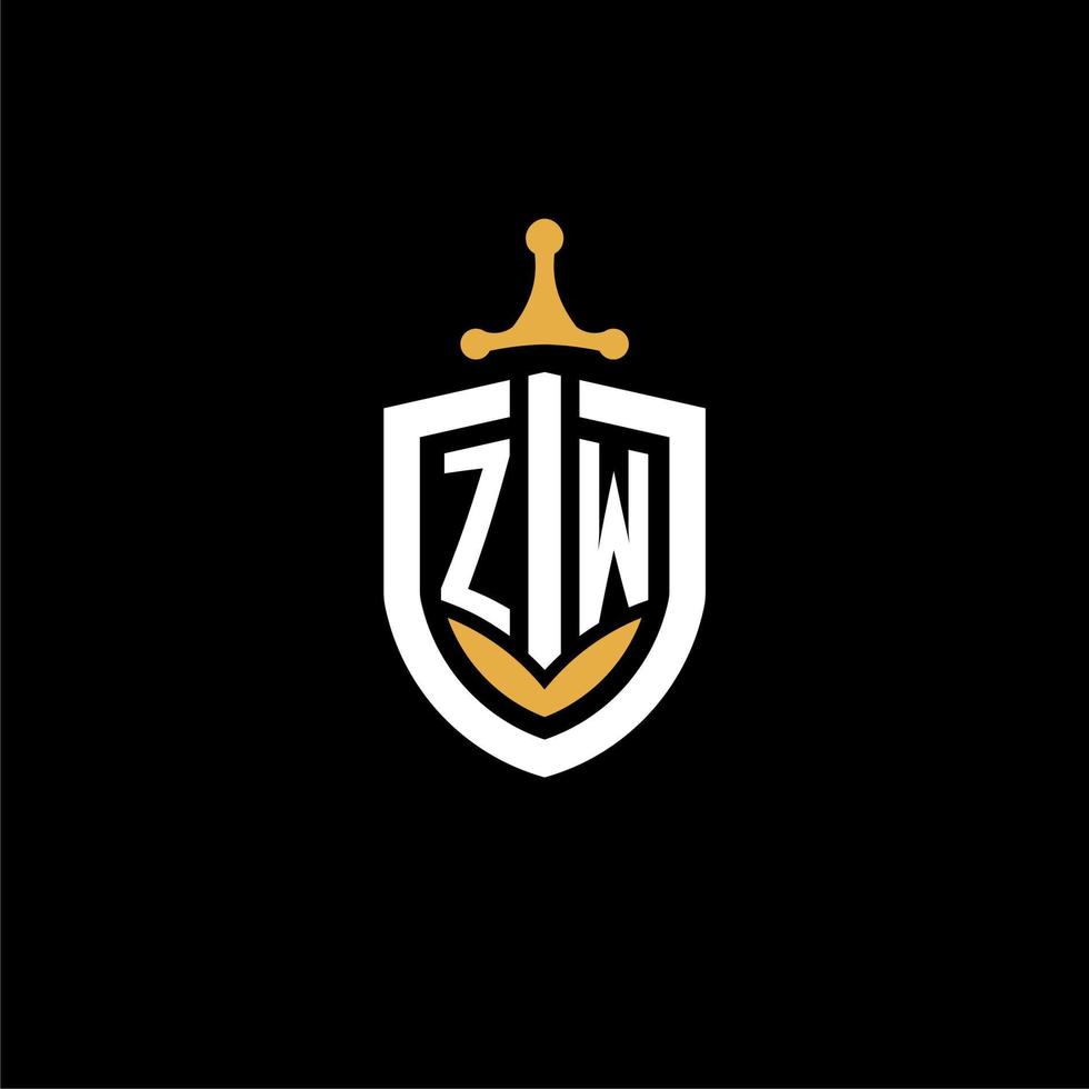 letra criativa zw logo gaming esport com ideias de design de escudo e espada vetor