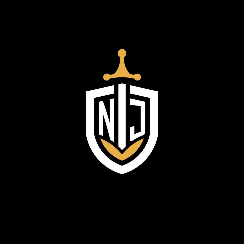 carta criativa nj logo gaming esport com ideias de design de escudo e espada vetor