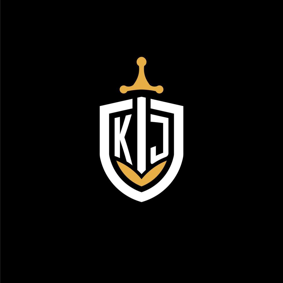 carta criativa kj logo gaming esport com ideias de design de escudo e espada vetor