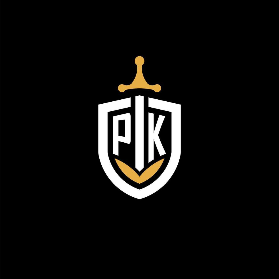 carta criativa pk logo gaming esport com ideias de design de escudo e espada vetor