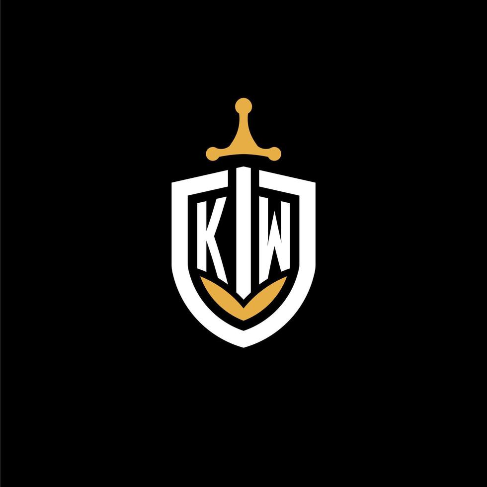 carta criativa kw logo gaming esport com ideias de design de escudo e espada vetor