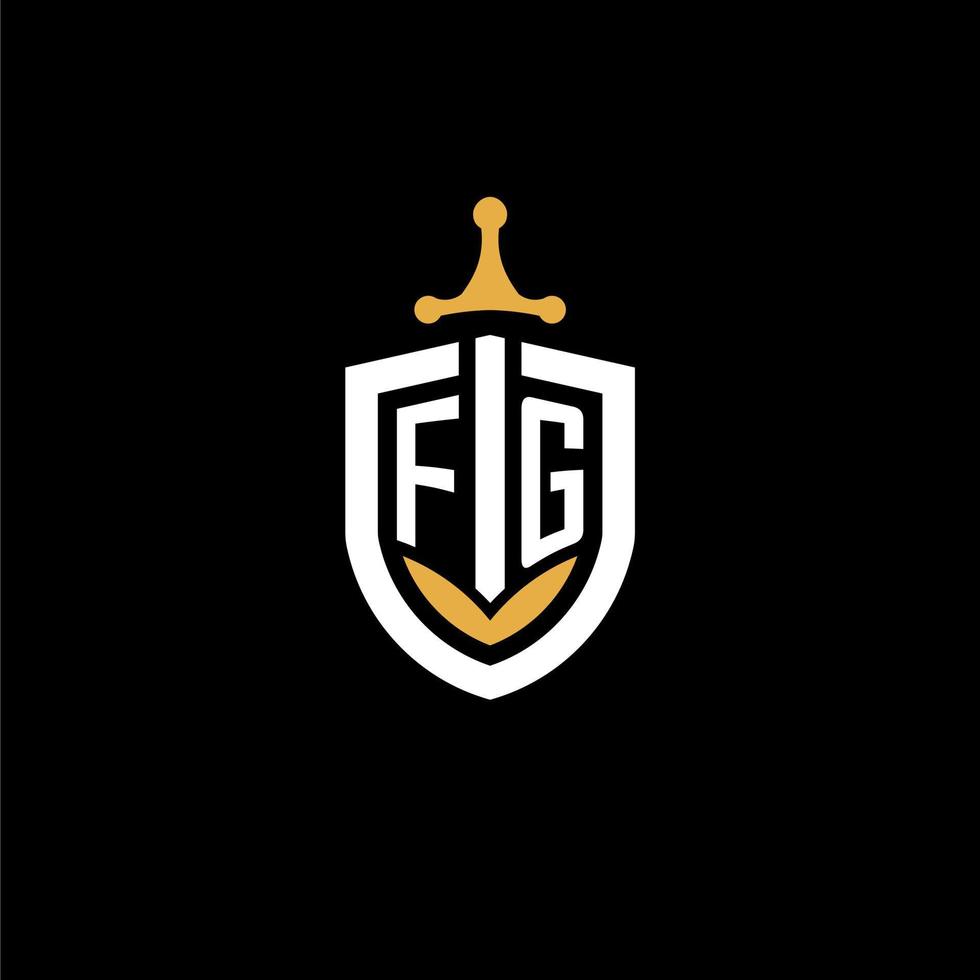 carta criativa fg logo gaming esport com ideias de design de escudo e espada vetor