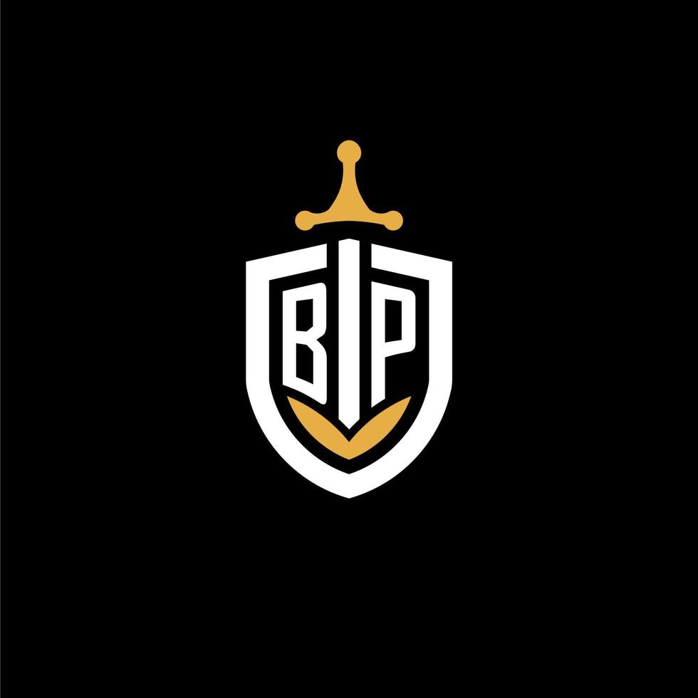 letra criativa bp logo gaming esport com ideias de design de escudo e espada vetor