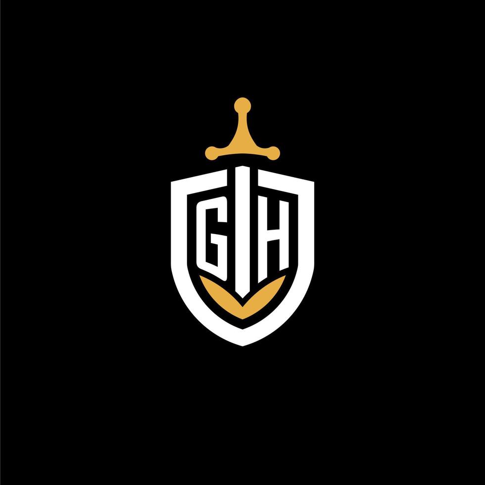letra criativa gh logo gaming esport com ideias de design de escudo e espada vetor
