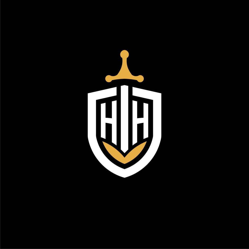 letra criativa hh logo gaming esport com ideias de design de escudo e espada vetor