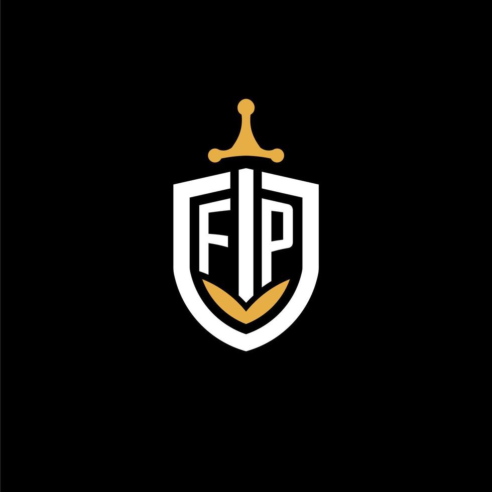 carta criativa fp logo gaming esport com ideias de design de escudo e espada vetor