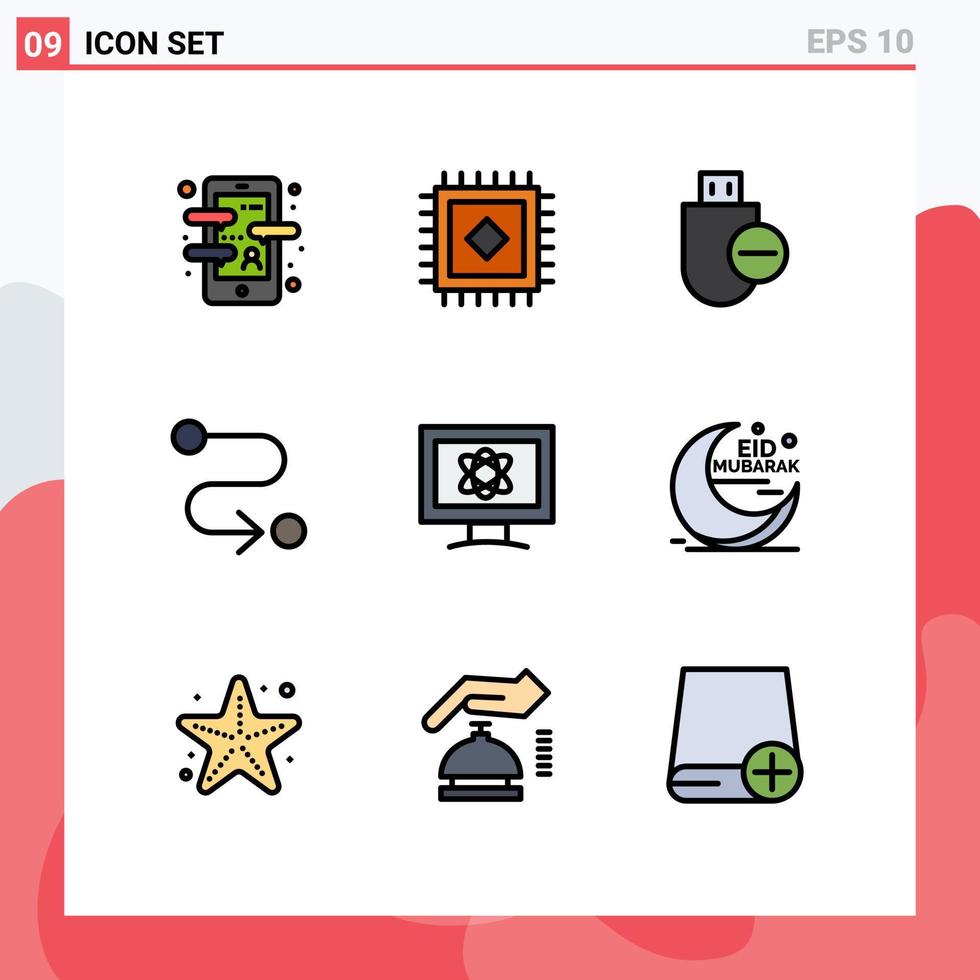 conjunto de pictogramas de 9 cores planas de linha preenchida simples de dispositivos de átomo de ciência rota de elementos de design de vetores editáveis