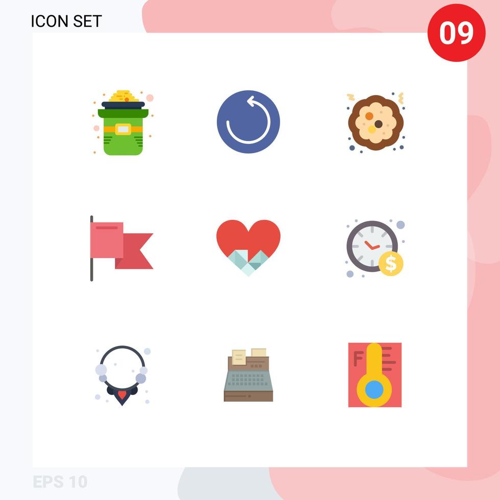 pacote de 9 sinais e símbolos modernos de cores planas para mídia impressa na web, como chocolate, amor, bandeira do coração de natal, elementos de design vetorial editáveis vetor