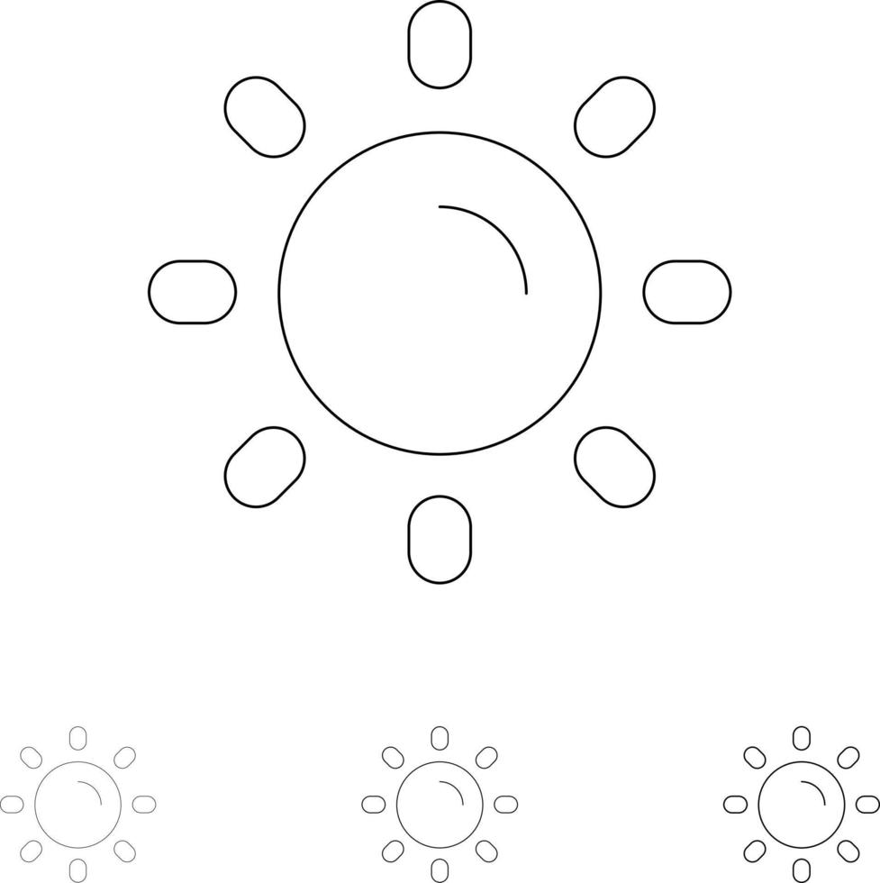 brilho luz sol brilho conjunto de ícones de linha preta fina e ousada vetor