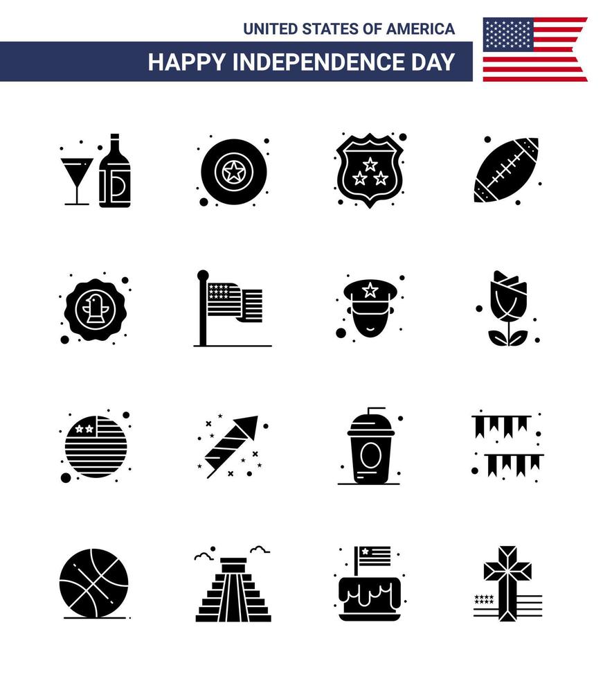 16 sinais de glifo sólido eua símbolos de celebração do dia da independência de pássaro eua bola esportiva americana editável elementos de design de vetor de dia dos eua