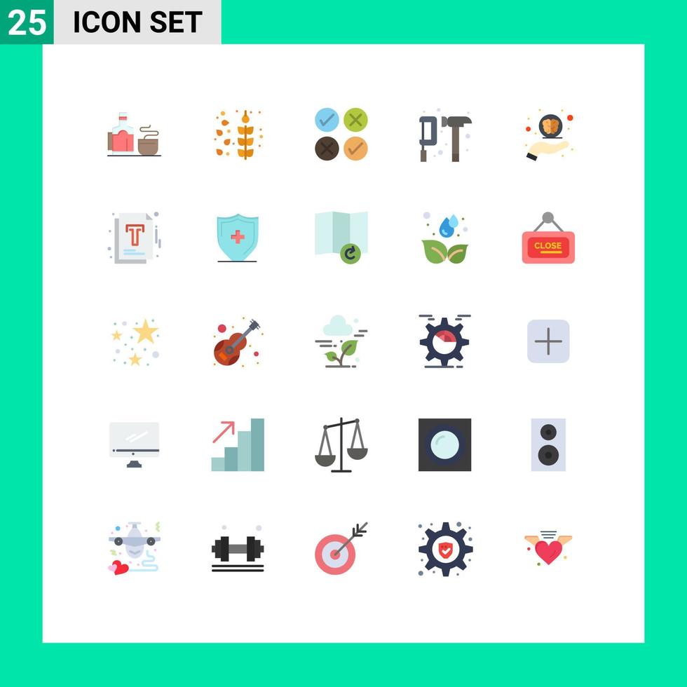 pacote de cores planas de 25 símbolos universais de elementos de design de vetores editáveis de construção de engrenagens cruzadas de martelo de ajuda