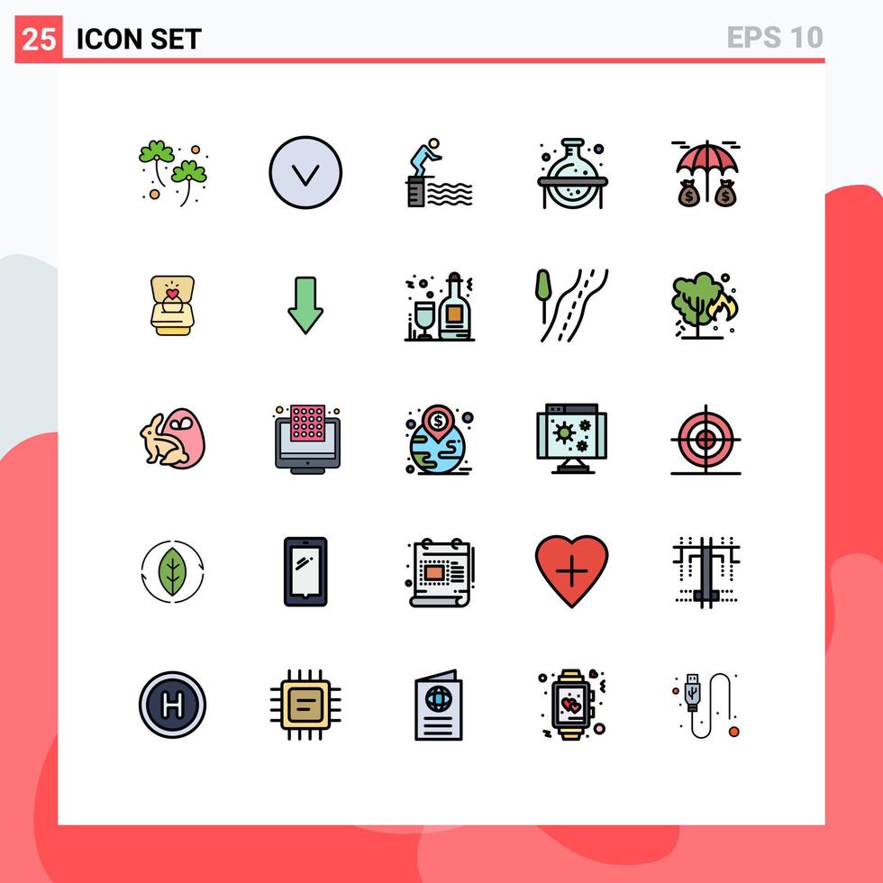 25 interface do usuário pacote de cores planas de linha cheia de sinais e símbolos modernos de estudo de seguro salto ciência química elementos de design de vetores editáveis