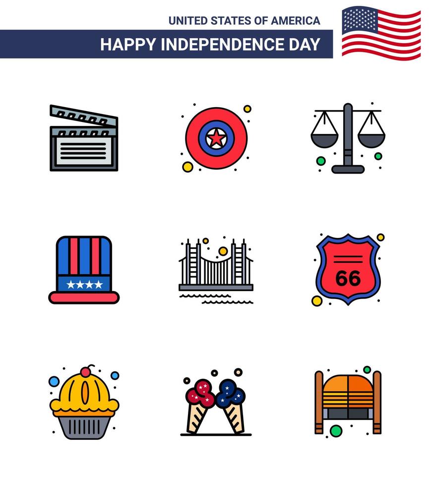 conjunto de 9 ícones do dia dos eua símbolos americanos sinais do dia da independência para a ponte dourada justiça eua boné editável eua dia vetor elementos de design