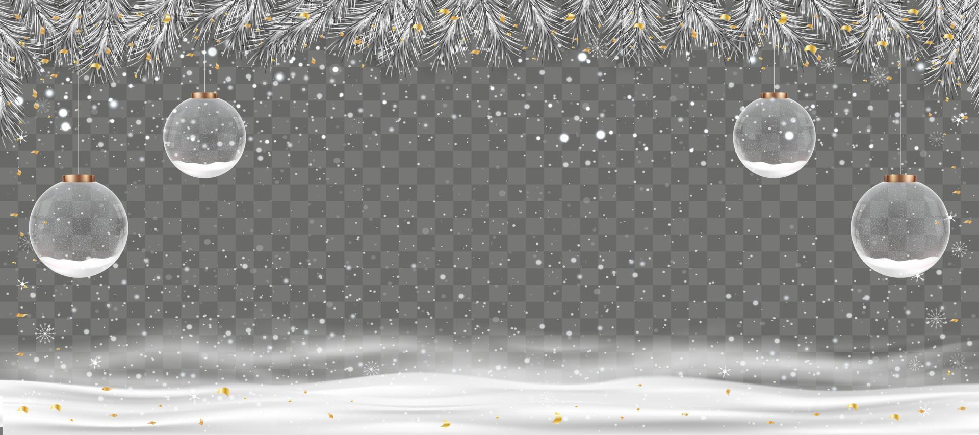 fundo de cena de inverno com borda de árvore de bola e galhos de natal, enfeites de cristal de globo de neve 3d pendurado com guirlanda de agulhas de abeto com neve, cartão de saudação de natal, banner de ano novo, cabeçalho, pôster vetor