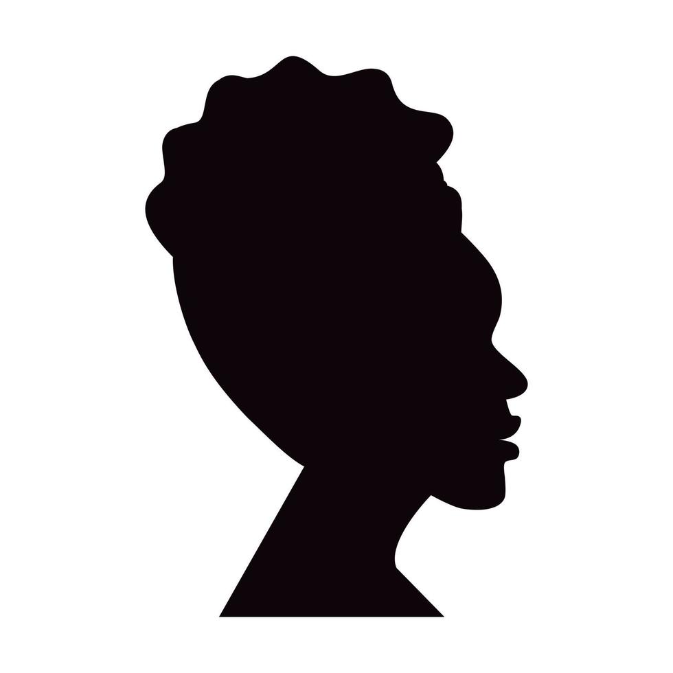 foto de perfil silhueta de uma mulher afro-americana com cabelo encaracolado puxado para cima. adesivo. ícone. vetor