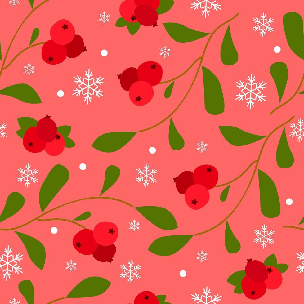 padrão perfeito com cranberry e flocos de neve em um fundo vermelho vetor