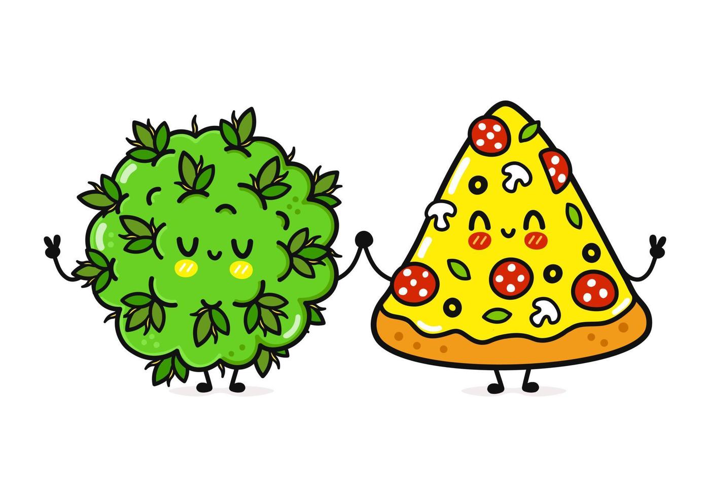 pizza feliz fofa e engraçada e personagem de erva daninha de maconha. vetor mão desenhada personagens kawaii dos desenhos animados, ícone de ilustração. desenho animado feliz pizza e amigos de broto de maconha