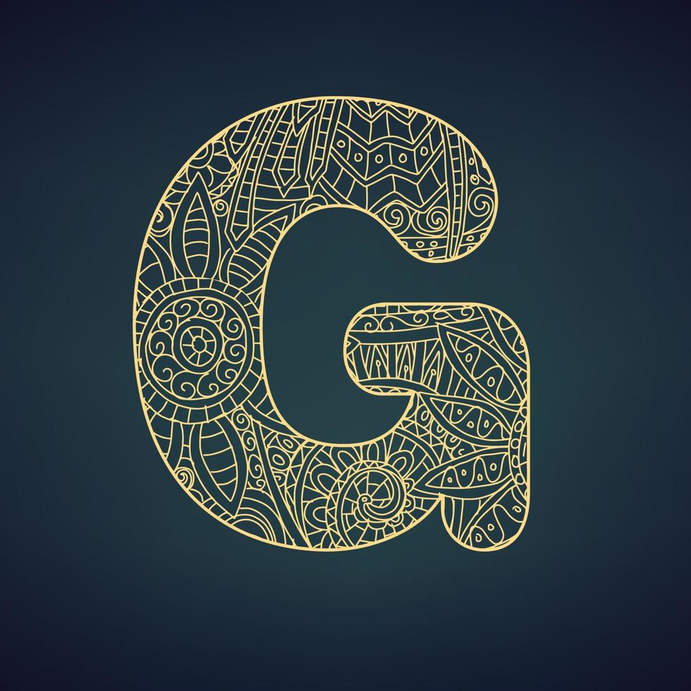 letra g no estilo doodle, mandala. alfabeto no estilo dourado, ilustração vetorial para colorir página vetor