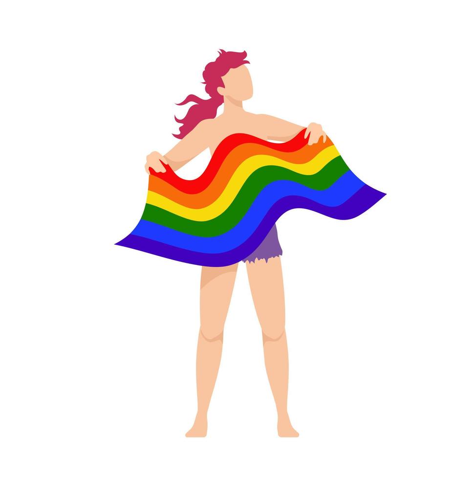 transgênero não-binário gênero neutro encaracolado, cabeça ruiva orgulhosamente erguida, cabelos longos, shorts rasgados, segurando uma bandeira lgbt acenando, em fundo branco vetor