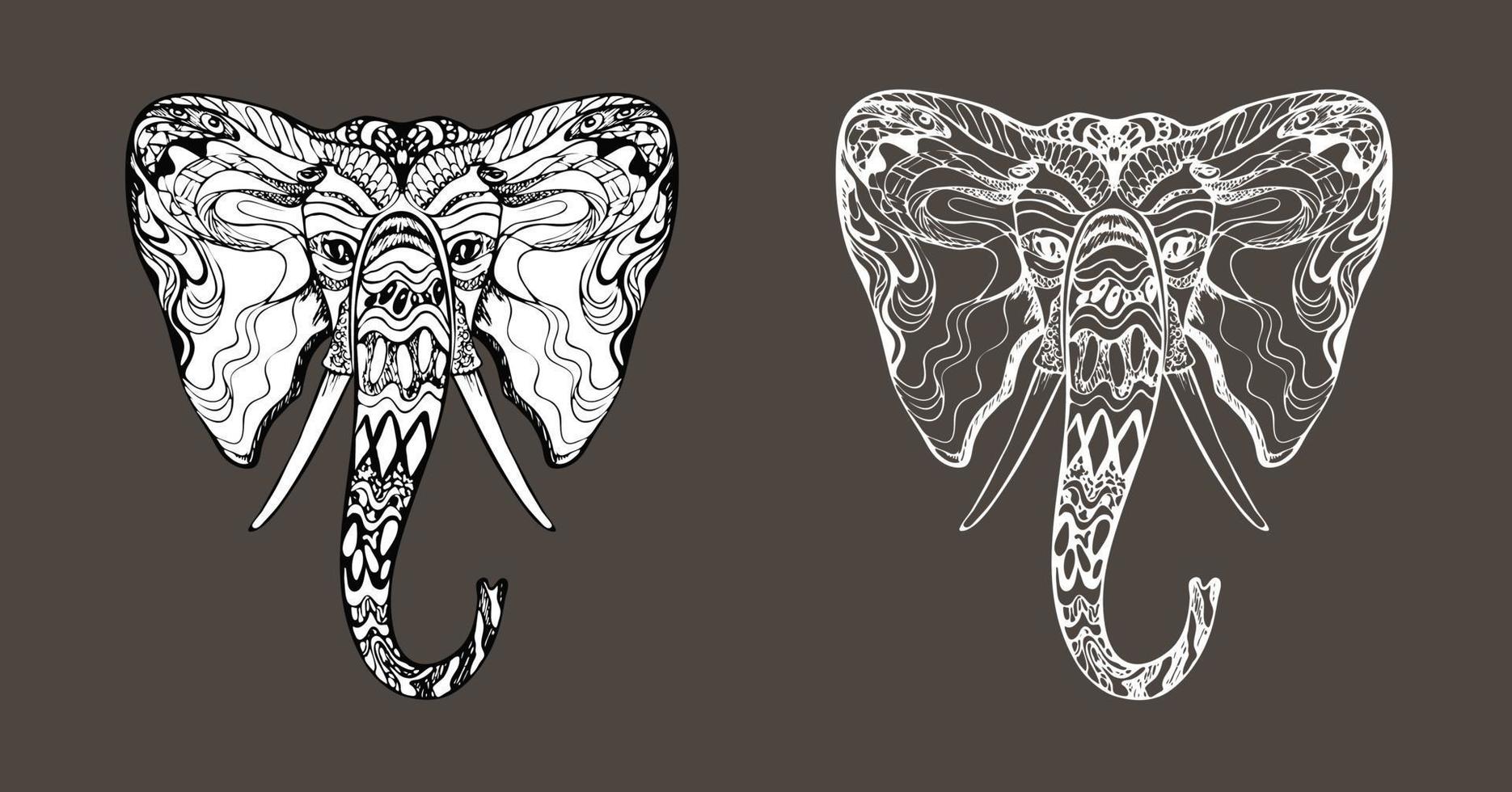 elegante tatuagem elegante hippie cabeça de elefante ornamentada, rosto de ganesh, contorno preto étnico desenhado à mão exclusivo, contorno elegante, silhueta preenchida com branco, design de safári animal, estampas, coloração vetor