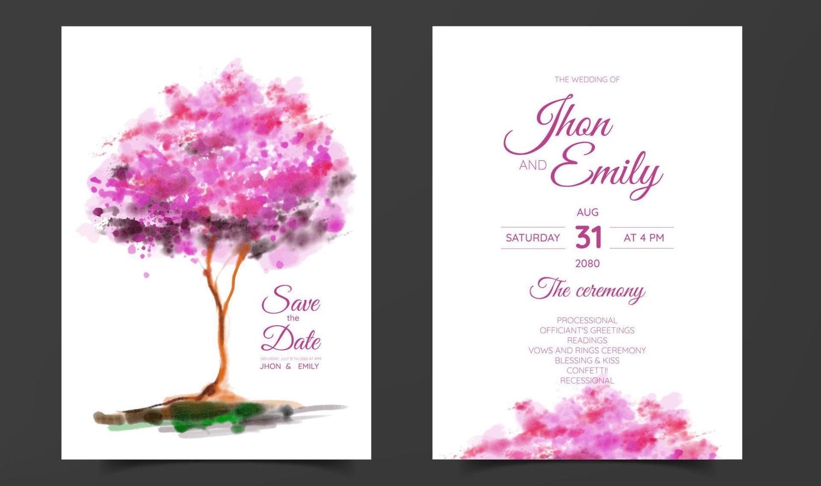 convite de casamento com fundo de árvore rosa vetor