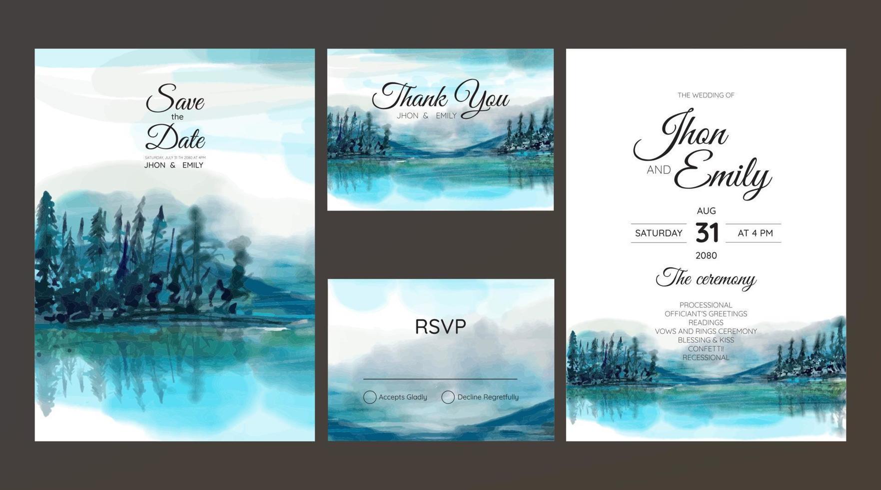 convites de casamento, montanhas em aquarela, floresta e lago vetor