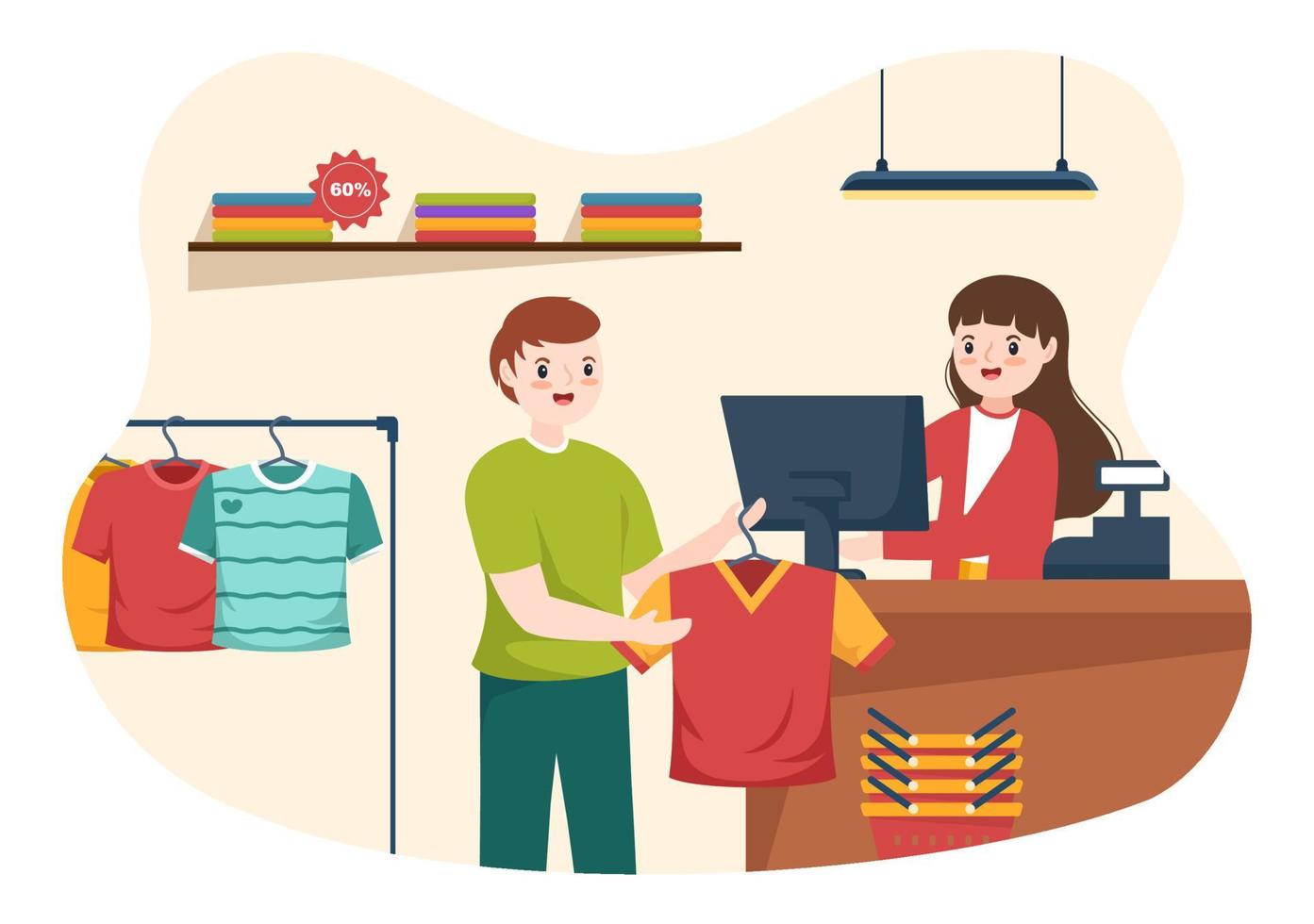 loja de camisetas para comprar roupas ou roupas de novos produtos com várias cores e modelos em desenhos animados planos ilustração de modelos desenhados à mão vetor