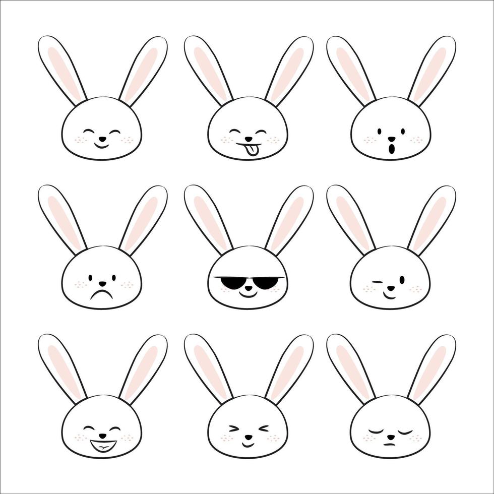 conjunto de emoticons fofos de coelhinho da páscoa com rostos felizes e adoráveis no fundo branco. projeto de ilustração vetorial. vetor