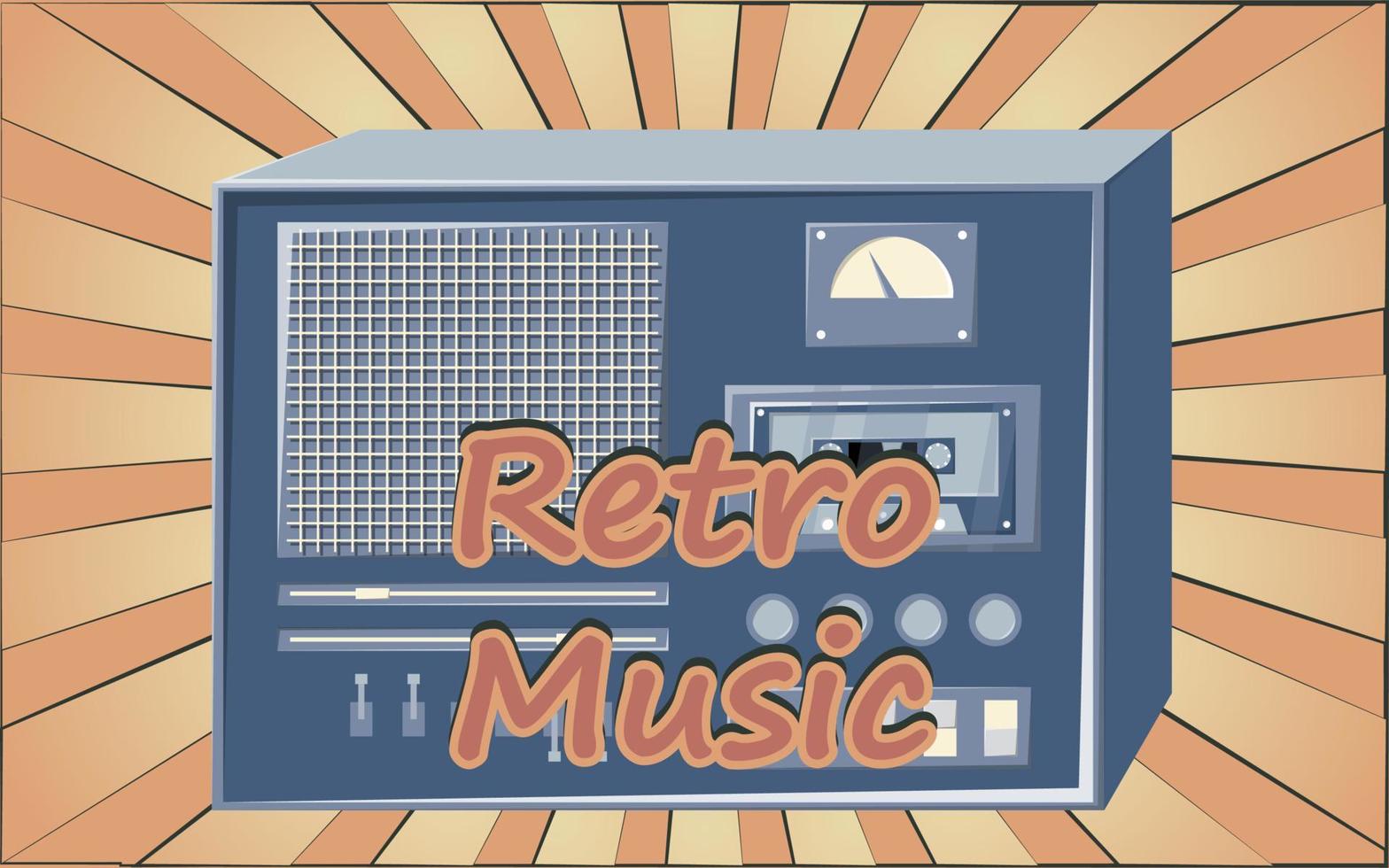 velho cartaz vintage retrô com gravador de fita cassete de música com fita magnética babbin em bobinas e alto-falantes dos anos 70, 80, 90 o fundo dos raios marrons do sol. ilustração vetorial vetor