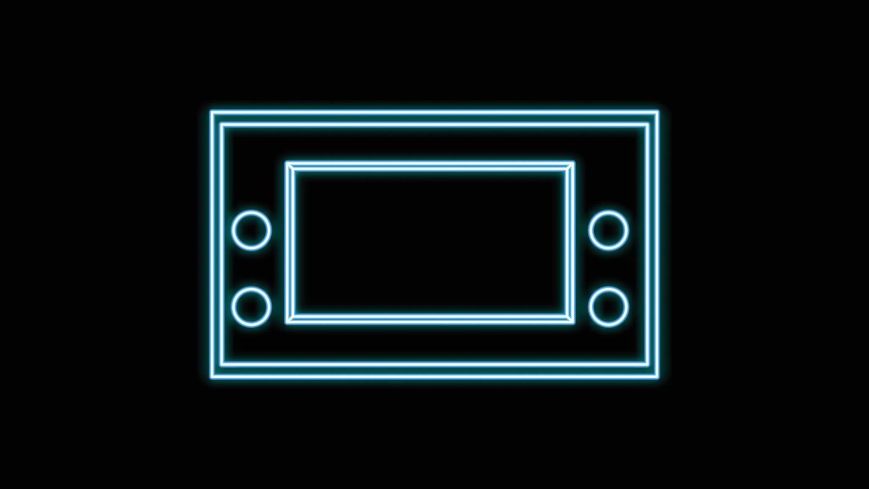 console de jogos portátil brilhante de néon azul, para videogames com botões e tela antiga retrô hipster vintage dos anos 70, 80, 90 em fundo preto. ilustração vetorial vetor