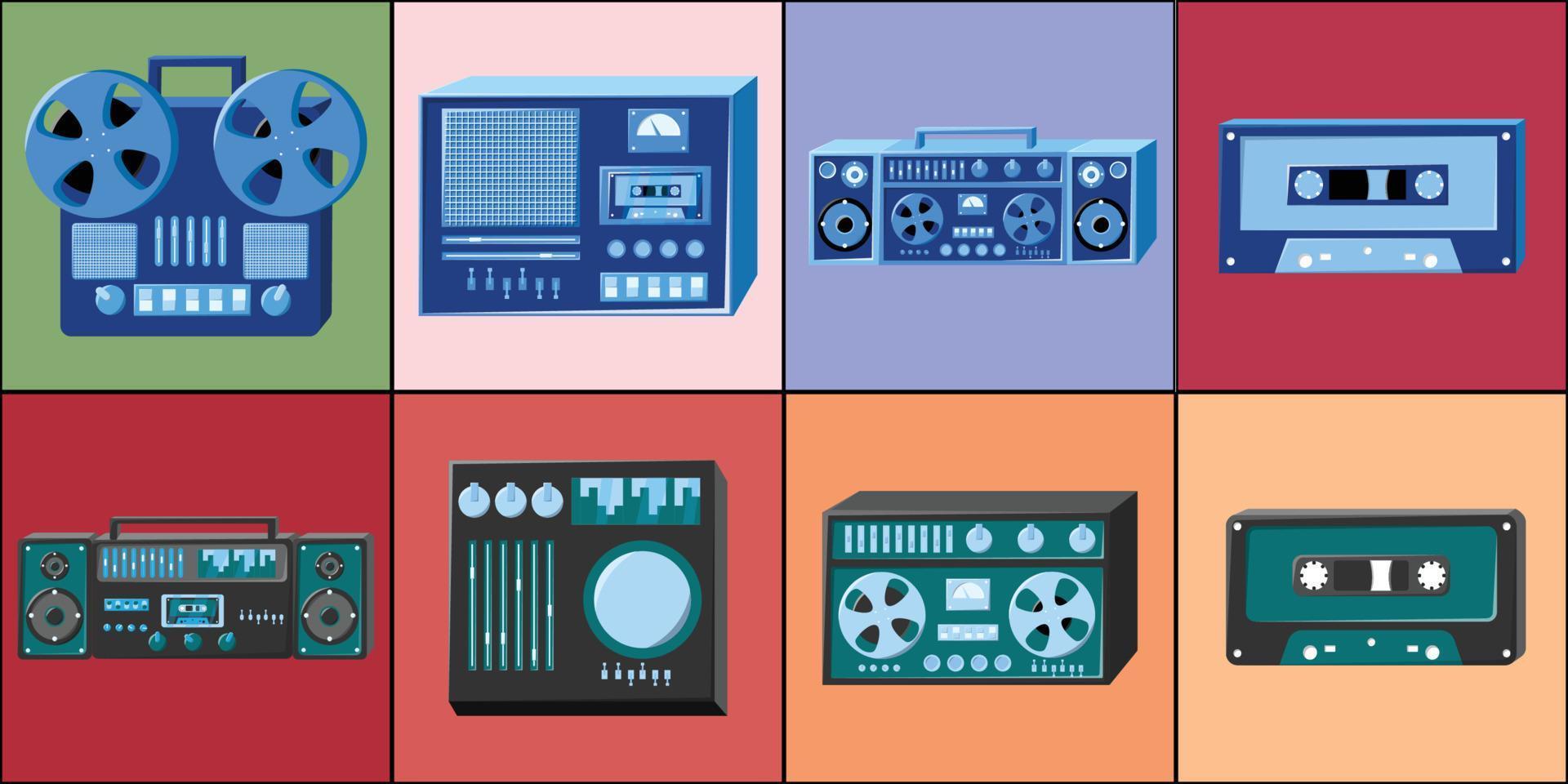 conjunto de ícones antigos retrô vintage hipster tecnologia eletrônica cassete gravador de áudio, computador, consoles de jogos para videogames dos anos 70, 80, 90. ilustração vetorial vetor