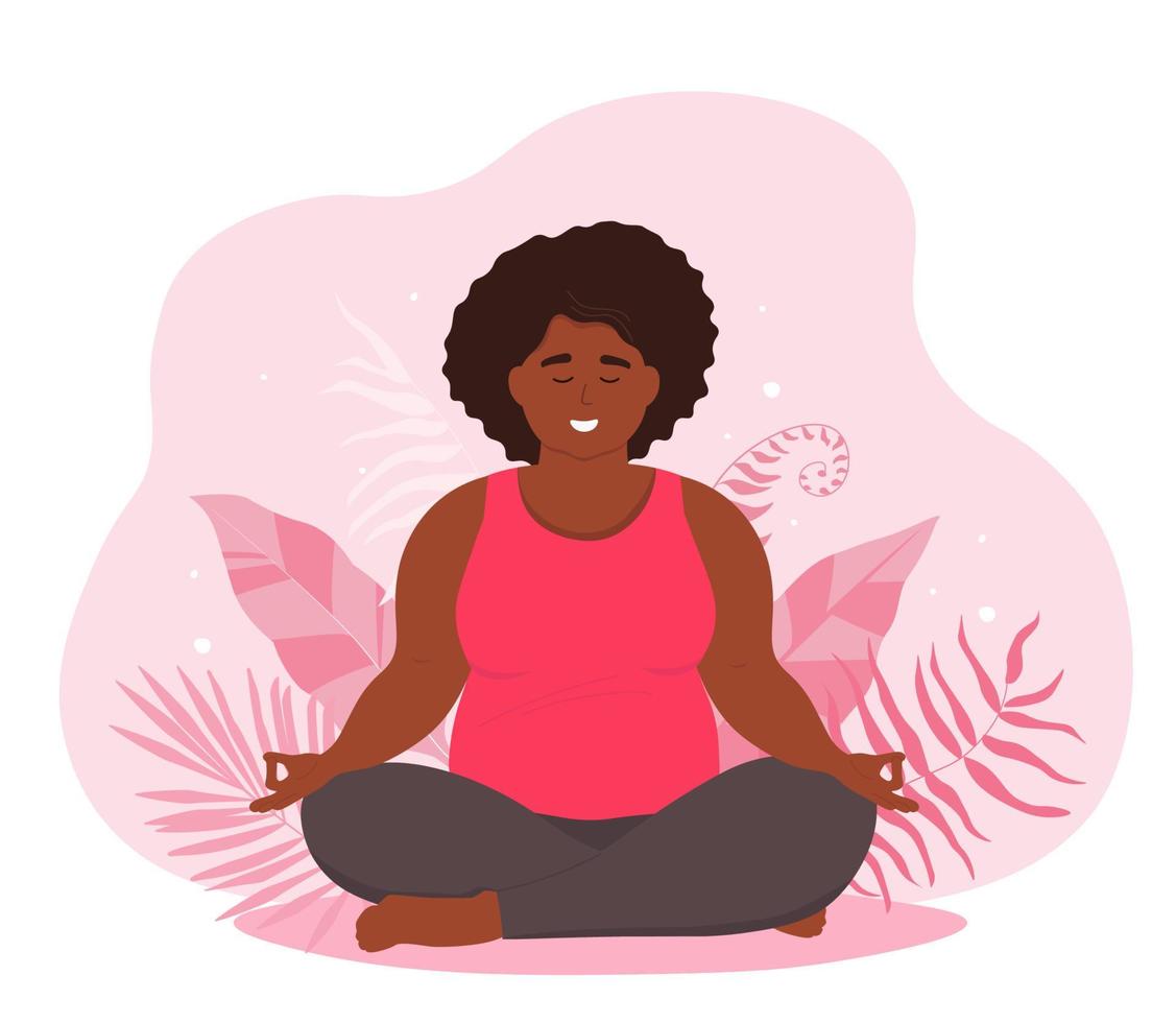 uma garota cheia está sentada na posição de lótus em um fundo de folhas tropicais. uma mulher afro-americana com excesso de peso faz ioga, academia. o conceito de positividade corporal, autopercepção. gráficos vetoriais. vetor