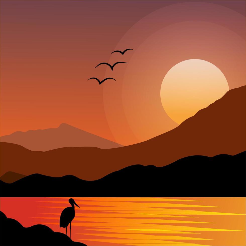 paisagem do sol com silhuetas de pássaros vetor