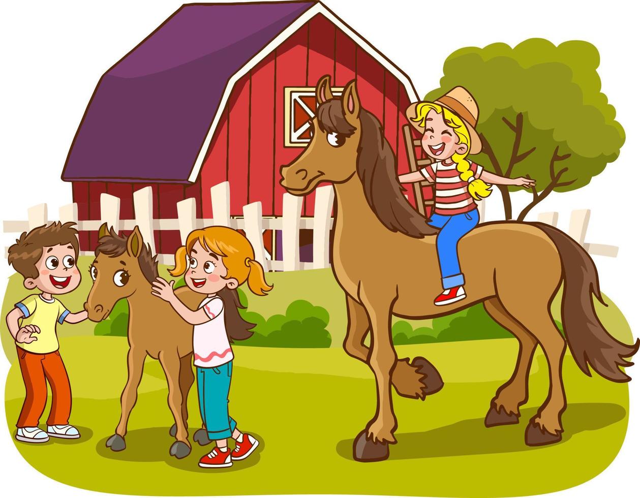crianças felizes e vetor de desenho de cavalo de animais de fazenda