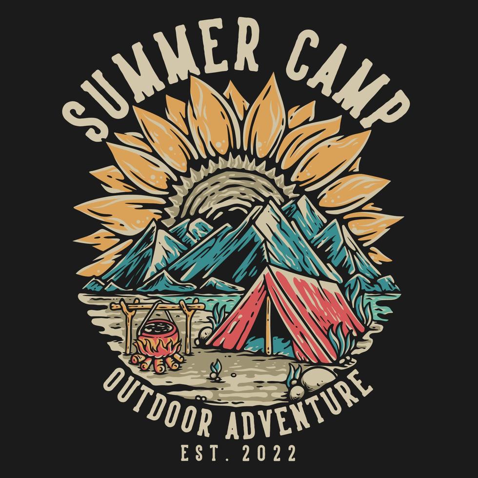 t shirt design acampamento de verão aventura ao ar livre com ilustração vintage de tenda e montanhas vetor
