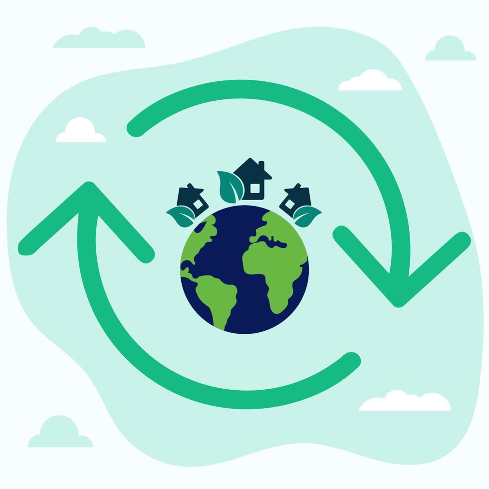 ícone, adesivo, botão sobre o tema da economia e energia renovável com terra, planeta, casas, folhas e ícone renovável vetor