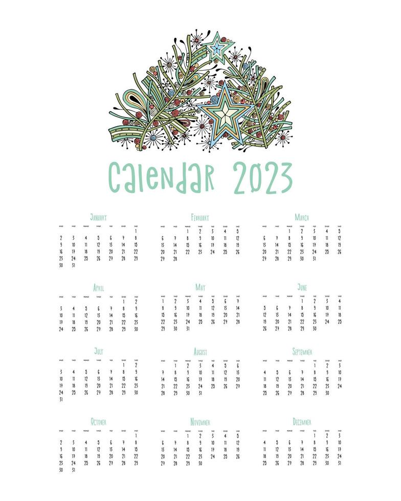 cartaz vertical do calendário 2023, doodle decoração de estrelas estilizadas e árvore de natal. vetor
