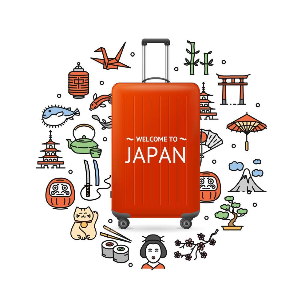 conceito de viagem ao japão com mala vermelha 3d detalhada realista. vetor