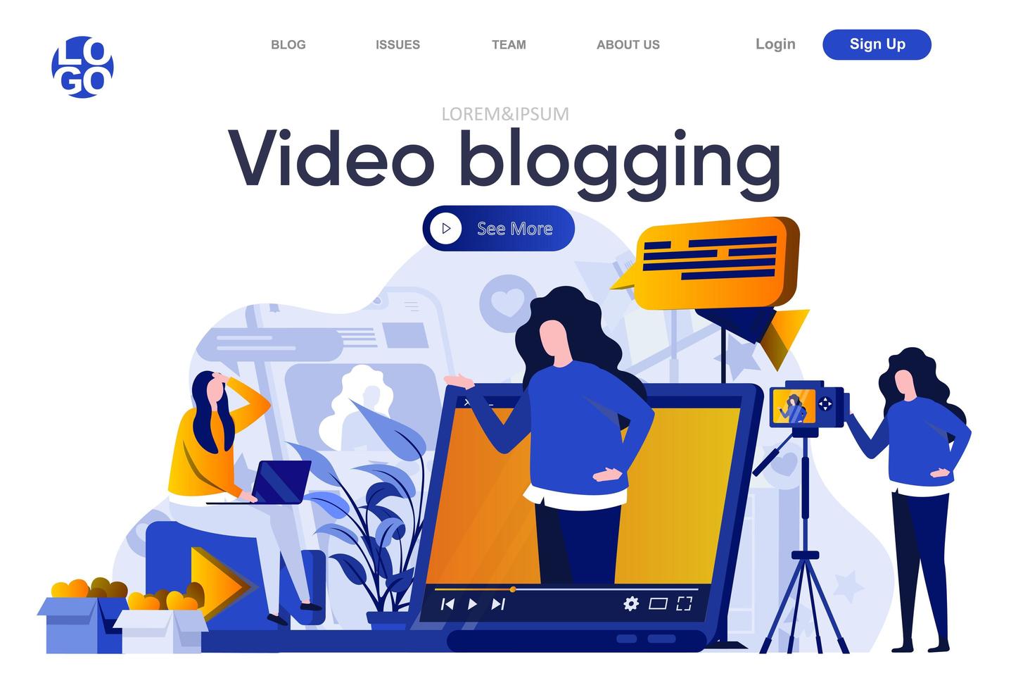 página de destino plana de vídeo blogging vetor