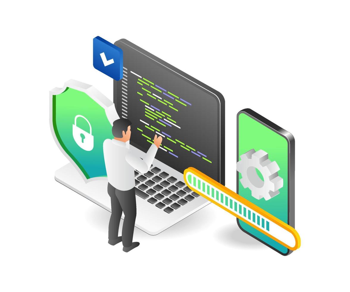 ilustração plana do conceito isométrico de um programador construindo um aplicativo para smartphone vetor