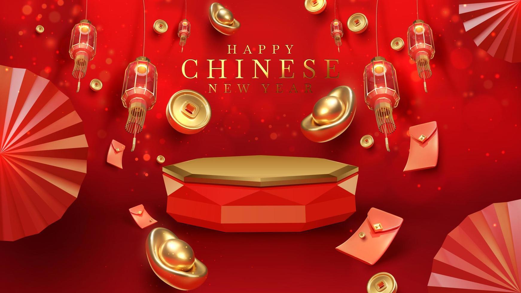 fundo de luxo vermelho com elemento de pódio de exibição de produto com ornamento de ano novo chinês realista 3d e decoração de efeito de luz brilhante e bokeh. ilustração vetorial. vetor