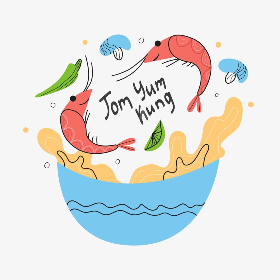 rotulação de comida tailandesa tom yum kung, sopa com camarões, ilustração vetorial doodle vetor