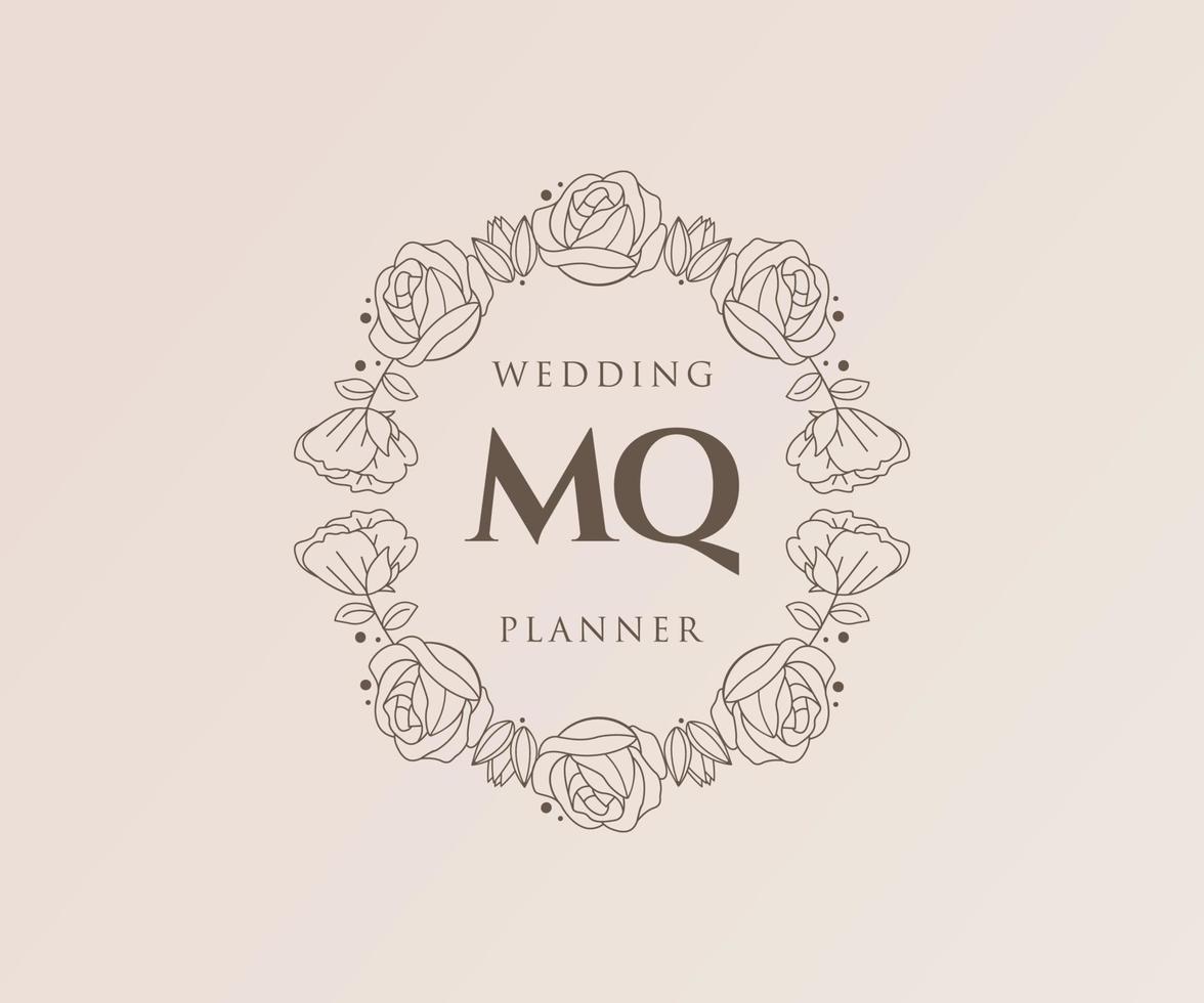 coleção de logotipos de monograma de casamento de letra mq, modelos modernos minimalistas e florais desenhados à mão para cartões de convite, salve a data, identidade elegante para restaurante, boutique, café em vetor