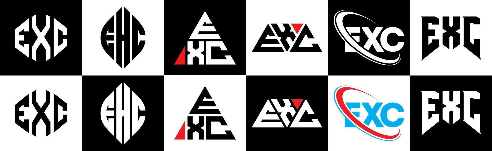 design de logotipo de carta exc em seis estilos. exc polígono, círculo, triângulo, hexágono, estilo plano e simples com logotipo de carta de variação de cor preto e branco definido em uma prancheta. logotipo exc minimalista e clássico vetor